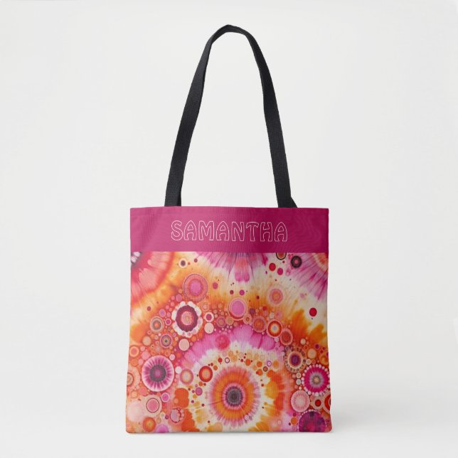 Bolso De Tela Fun Bold Orange Hot Pink Batik Circles Art Pattern (Anverso)