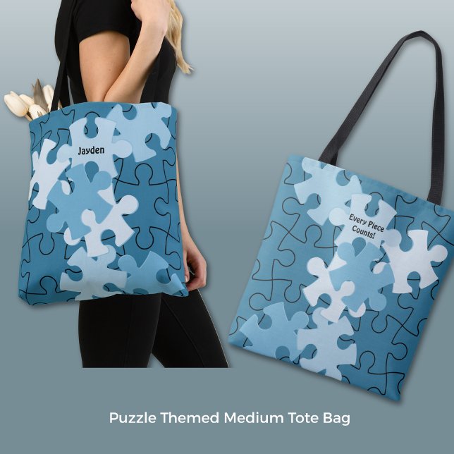Bolso De Tela Fun Jigsaw Puzzle Custom Name & Motto Blue (Fun Jigsaw Puzzle Custom Name & Motto Blue Tote Bag)