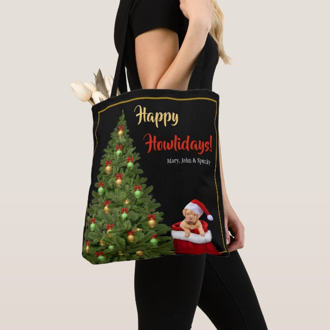 Bolso De Tela Fun Santa Puppy Árbol de Navidad Poinsettias Rojas (Detalle)