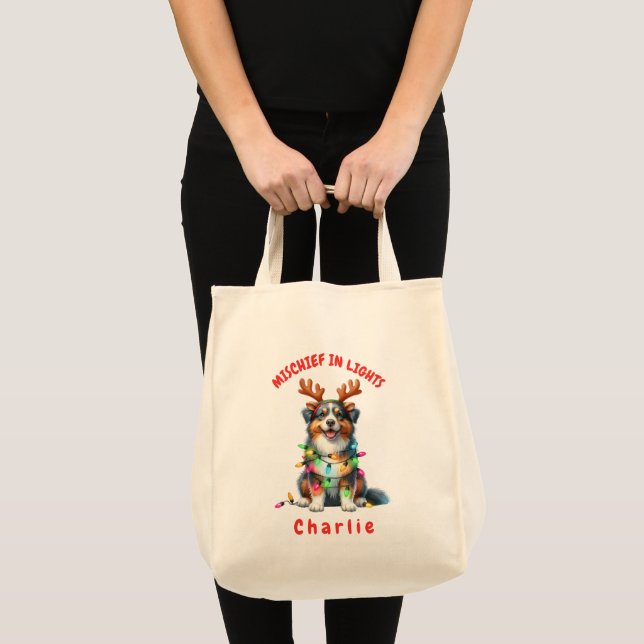 Bolso De Tela Fun Watercolor Australian Shepherd Holiday Lights (Anverso (producto))