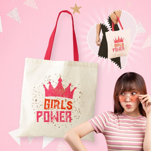 Bolso De Tela Funky Chicas Power Crown Gold Stars Pink Red (Funky Girls Power Crown Gold Stars Pink Red Tote Bag ©Susanne Sachers - Sunny Mind 🌞)
