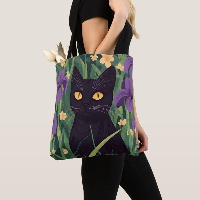 Bolso De Tela Funny Black cat and Beautiful Flower (Detalle)