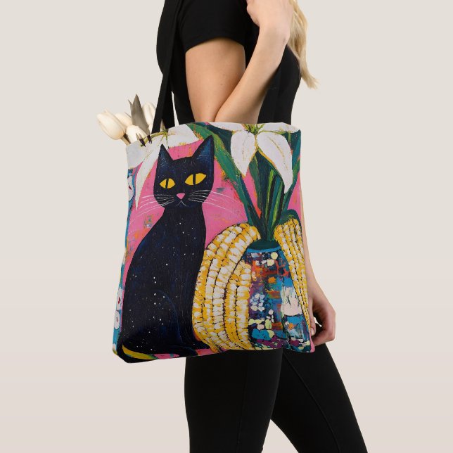 Bolso De Tela Funny Black Cat and Flower Vase (Detalle)