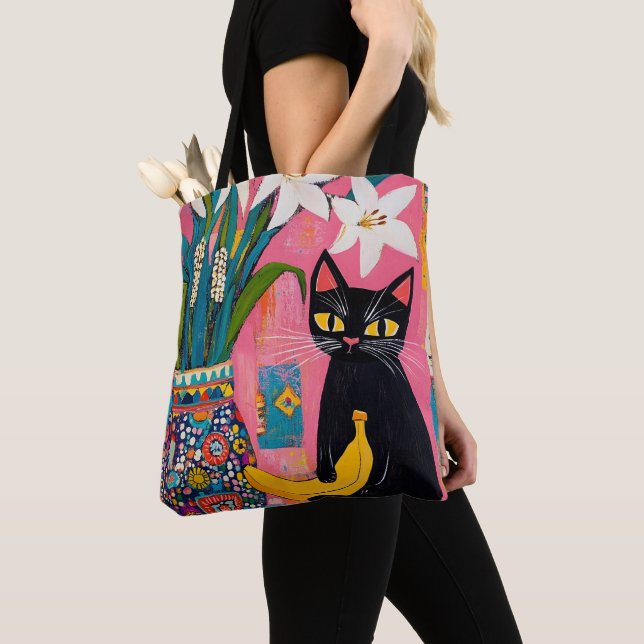 Bolso De Tela Funny Black cat Banana and Flower Vase (Detalle)