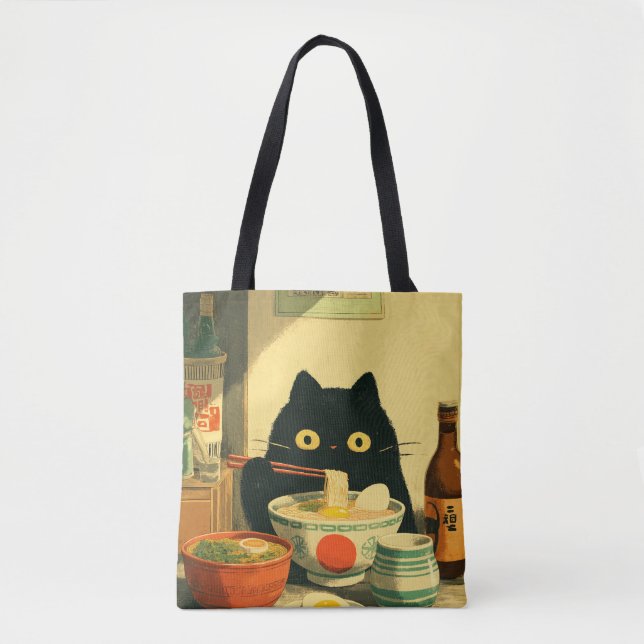 Bolso De Tela Funny Black Cat Eating Ramen (Anverso)