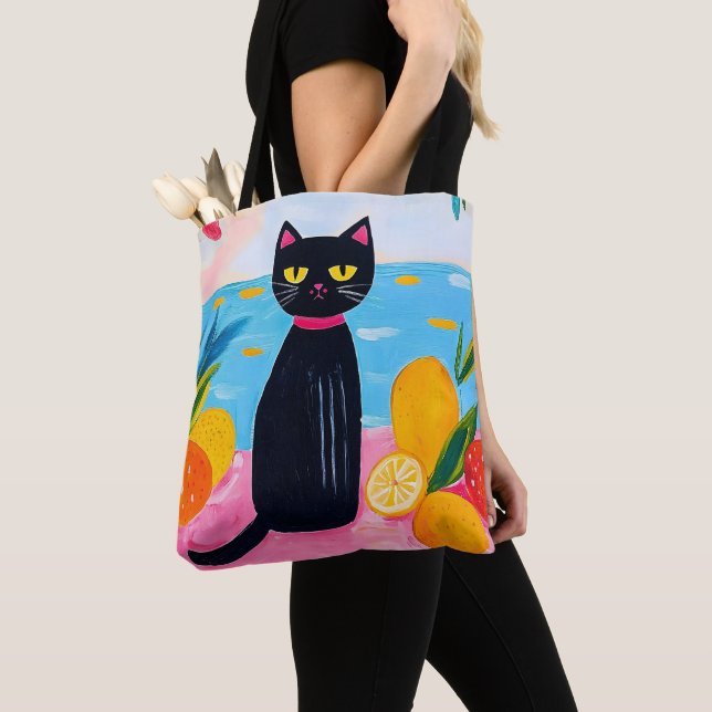 Bolso De Tela Funny Black Cat Fresh Fruit and Sea (Detalle)