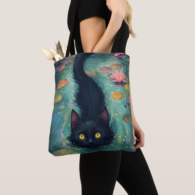 Bolso De Tela Funny Black cat is swimming  (Detalle)