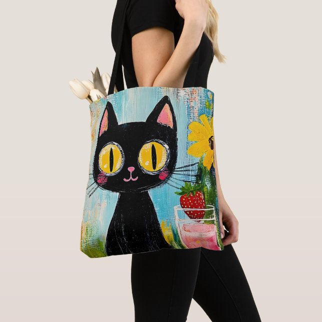 Bolso De Tela Funny Black Cat with Strawberry (Detalle)