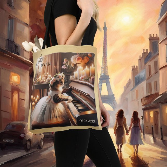 Bolso De Tela Funny Boho Moda Bridal Cat Boda (Funny wedding tote bag featuring a cute kitty playing the piano in a romantic setting with candles)