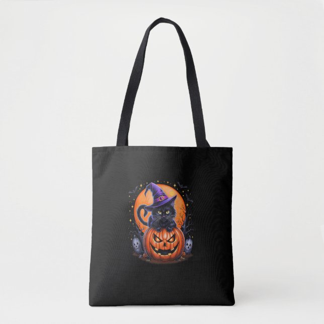 Bolso De Tela Funny Halloween Black Cat Calabaza disstumbre gato (Anverso)