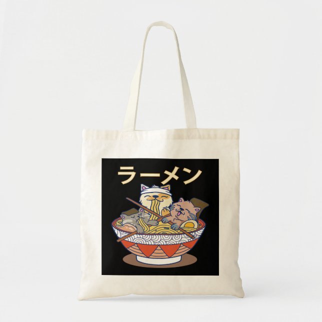 Bolso De Tela Funny Kawaii Ramen Cats Japoneses Otaku Ani (Frente)