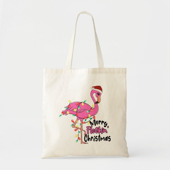 Bolso De Tela Funny Merry Flockin Navidades Flamingo (Frente)