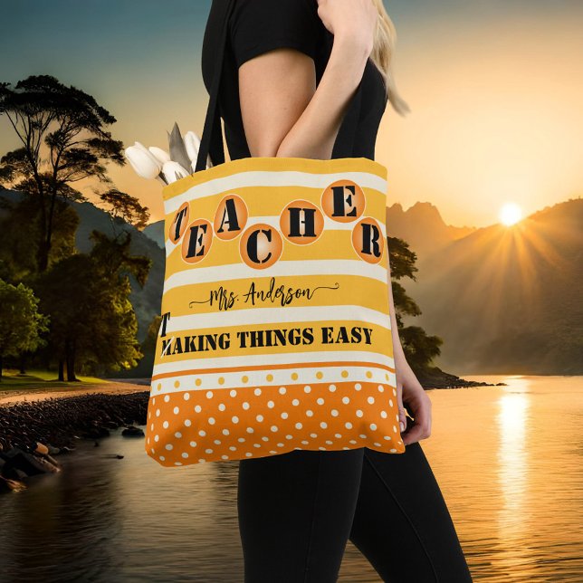 Bolso De Tela Funny Naranja Stripes Polka Dots Teacher (A cheerful and funny teacher tote bag featuring an orange ocher design with stripes and polka dots)