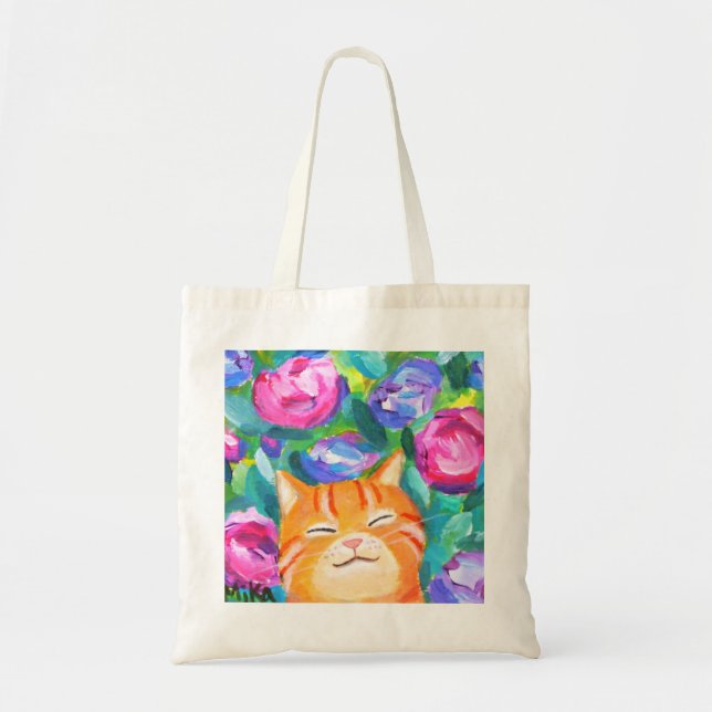Bolso De Tela Funny Naranja Tabby Cat con flores amante del gato (Frente)