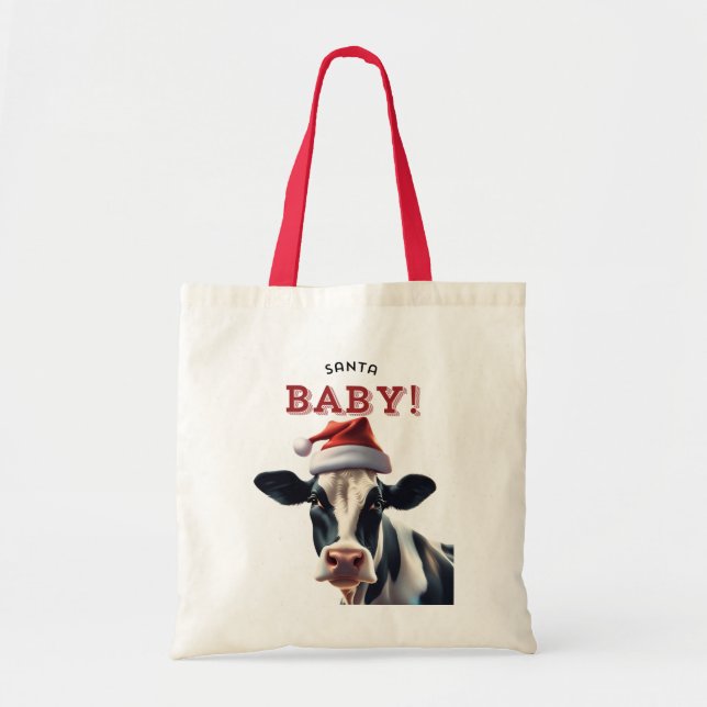 Bolso De Tela Funny Santa Baby Navidades Holstein Cow (Frente)