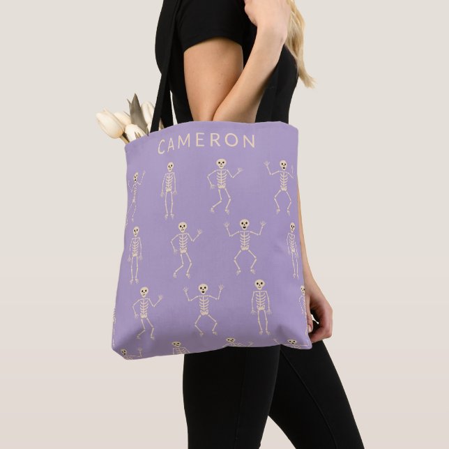 Bolso De Tela Funny Skeleton Purple Personalized Name Halloween (Detalle)
