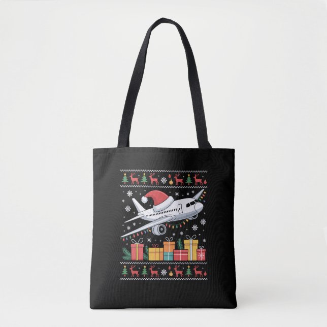 Bolso De Tela Funny Xmas Lighting Tree Santa Ugly Airplane  (Anverso)