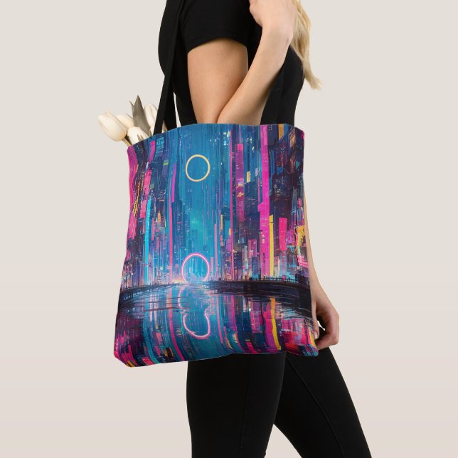 Bolso De Tela Futuristic Vibrant Neon Night Cityscape (Detalle)