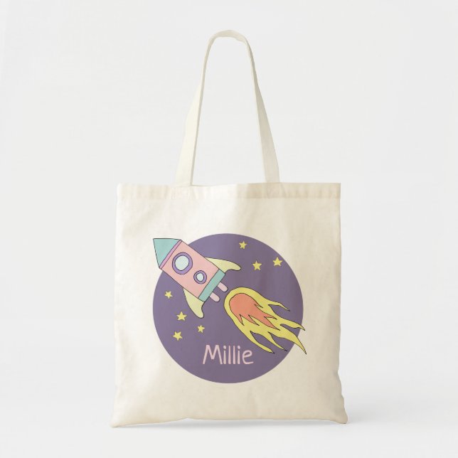 Bolso De Tela Galaxia del espacio del buque Cute Rocket Púrpura  (Frente)