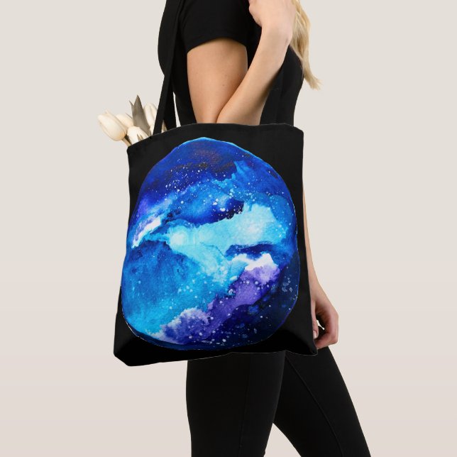 Bolso De Tela Galaxia nebulosa del planeta azul acuarela (Detalle)