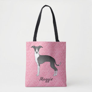 Bolso De Tela Galgo Italiano Blanco Y Negro Sobre Corazones Rosa