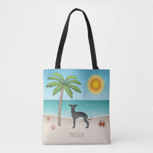 Bolso De Tela Galgo Italiano Negro en Playa Tropical de Verano