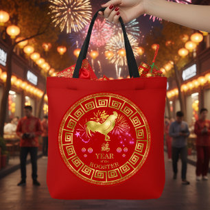 Bolso De Tela Gallo del Zodiaco Chino Rojo/Dorado ID542