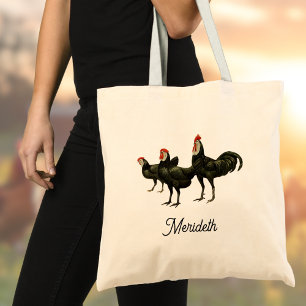 Bolso De Tela Gallos de Gallinas Españolas Negras de Cara Blanca