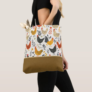 Bolso De Tela Gallos y Pollos Estilo Doodle Bloque de Color