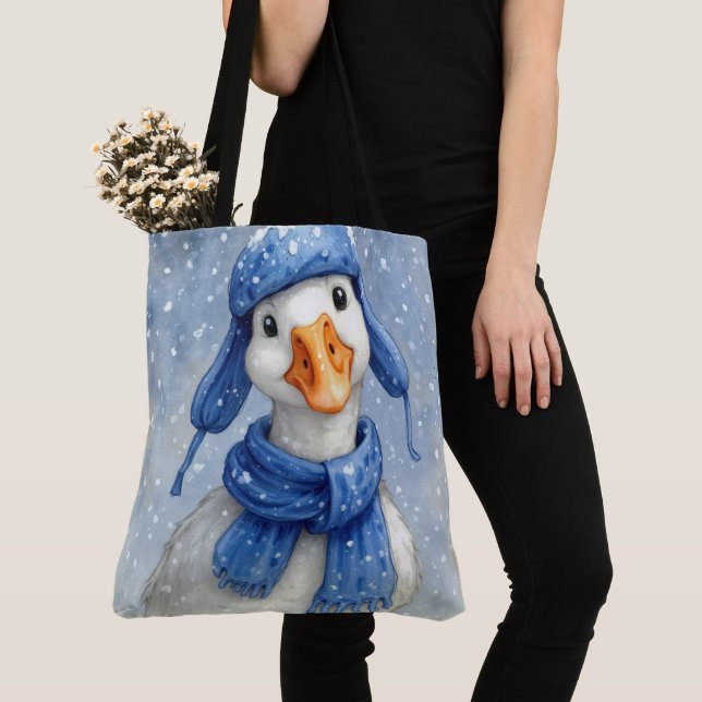 Bolso De Tela Ganso blanco de invierno con bufanda azul (Detalle)