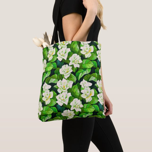 Bolso De Tela Gardenias blancas y hojas verdes de jade (Detalle)