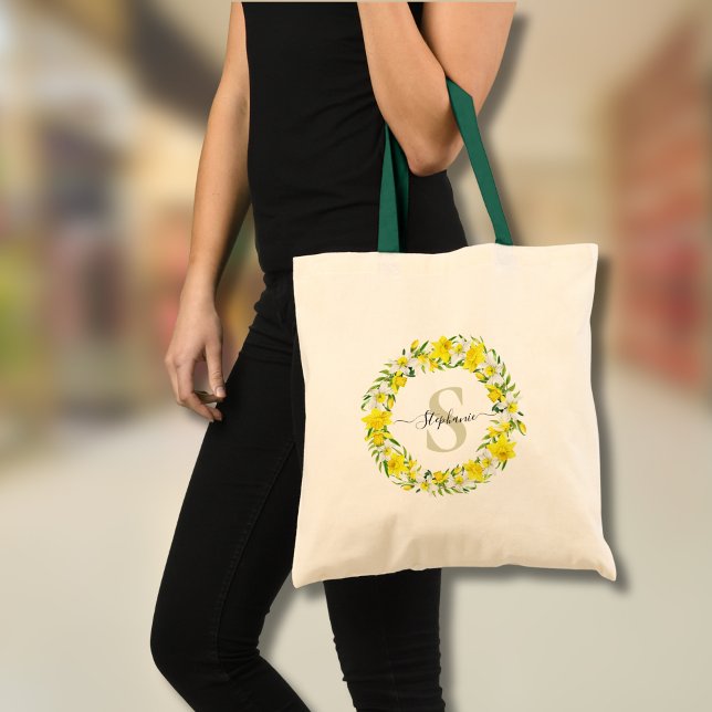 Bolso De Tela Garland blanco amarillo personalizado (Add Initial and Name to customize, or delete text if not required)