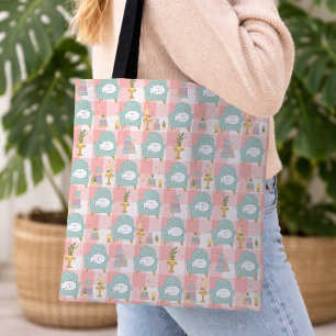 Bolso De Tela Gata Acogedora y Chica de Libros Verde Rosa Menta