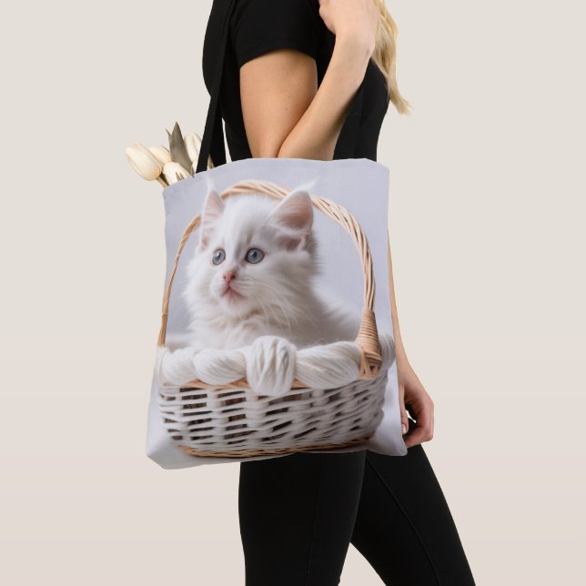 Bolso De Tela Gatito blanco en una cesta (Detalle)