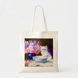 Bolso De Tela Gatito blanco vintage con cinta morada