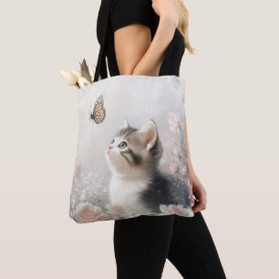 BOLSO DE TELA GATITO BONITO PASTEL CON MARIPOSAS Y FLORES