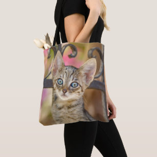 Bolso De Tela Gatito de tabby joven con ojos azules en un jardín