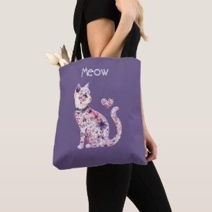 Bolso De Tela Gatito Maullido Corazones Florales Rosa Púrpura
