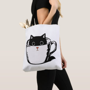 Bolso De Tela Gatito negro con nariz roja escondido en una taza