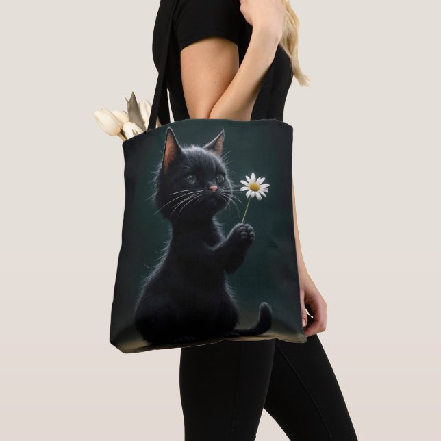 Bolso De Tela Gatito negro con una margarita blanca (Detalle)
