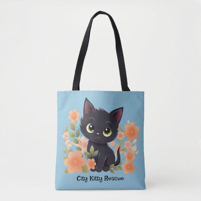 Bolso De Tela Gatito negro lindo con flores (Anverso)