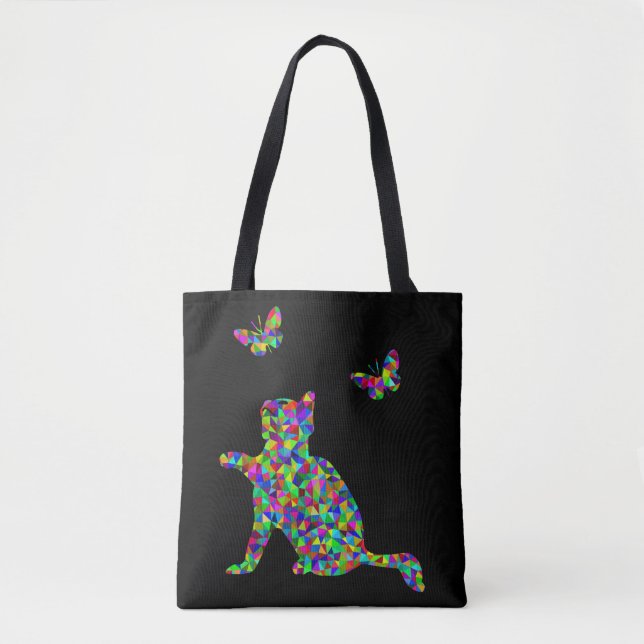 Bolso De Tela Gatito prismático jugando con mariposas (Anverso)