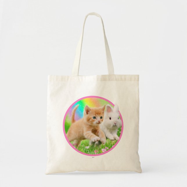 Bolso De Tela Gatito y conejito con el arco iris (Frente)