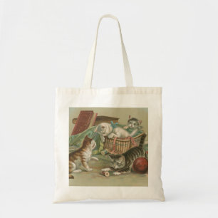 Bolso De Tela Gatitos Victorianos Antiguos Jugando en una Cesta
