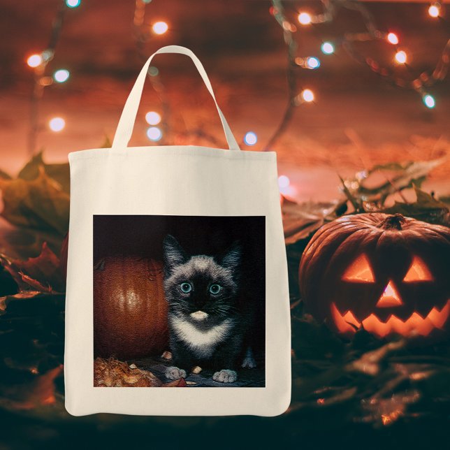 Bolso De Tela Gatitos y calabaza para Halloween (Kitten and Pumpkin for Halloween Tote Bag)