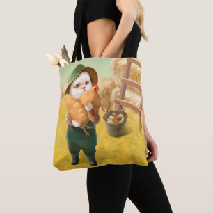 Bolso De Tela Gato Adorable con Hen en la Granja
