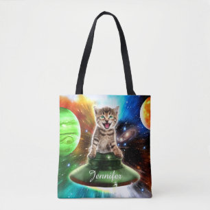Bolso De Tela Gato alienígena en el platillo de ufo