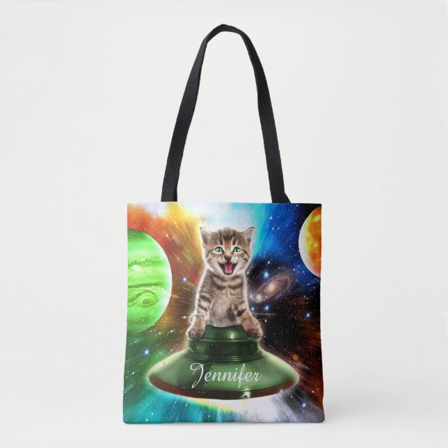Bolso De Tela Gato alienígena en el platillo de ufo (Anverso)