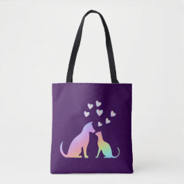 Bolso De Tela Gato Arcoíris Lindo y Silueta de Perro Aman el Mor