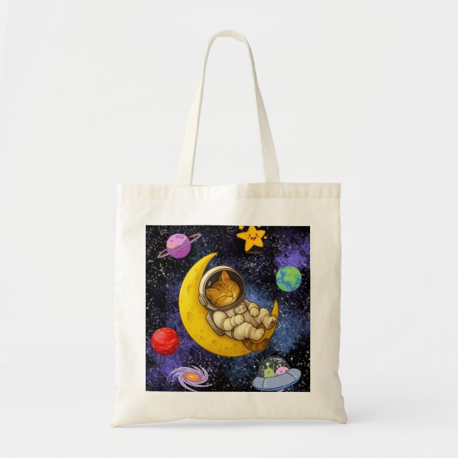Bolso De Tela Gato astronauta durmiendo en la luna (Frente)
